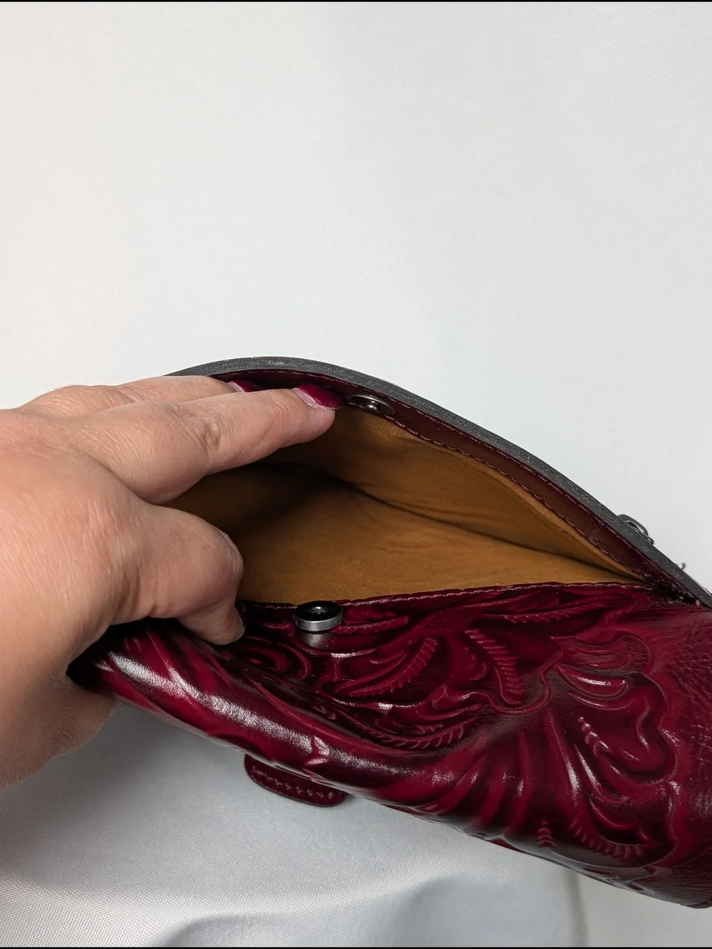 Patricia Nash Locri Crossbody Made In Italy Burgundy Tooled Leather - Picture 6 of 7
